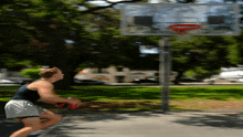 a blurry picture of a man playing basketball with a basketball hoop in the background