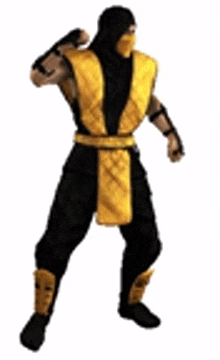 a man in a black and yellow ninja costume is standing in front of a white background .