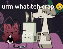a cartoon with a sad face and the words urm what teh crap on the bottom