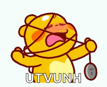 a yellow cartoon bear is holding a yo-yo in his hand and screaming .