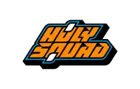 a logo for a company called holy squad with orange and blue letters