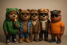 a group of teddy bears standing next to each other with one wearing a $ td hat