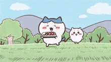 a cartoon cat is carrying a tray of food while a smaller cat looks on