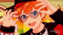a cartoon character wearing heart shaped sunglasses and a hat with trickstar written on the bottom