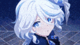 a girl with white hair and blue eyes looks up at something