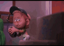 two cartoon characters are sitting at a table talking to each other