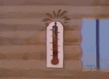 a cartoon of a thermometer hanging on a wooden wall with a ts logo in the corner