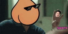 a man wearing sunglasses holds a picture of a man 's butt in his hand with the word booty in pink
