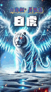 a white tiger with wings and red eyes is on a blue background