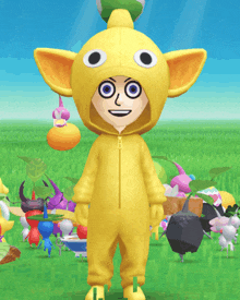 a cartoon character wearing a yellow outfit with a zipper