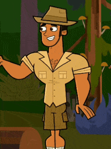a cartoon character wearing a hat and shorts stands in a forest