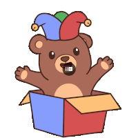 a cartoon of a teddy bear wearing a jester hat is coming out of a box