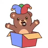 a cartoon of a teddy bear wearing a jester hat is coming out of a box