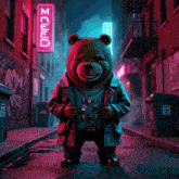 a teddy bear in a trench coat stands in front of a neon sign that says " mcfeed "