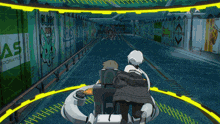 a man and a woman are riding a roller coaster in a dark tunnel