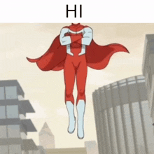 a cartoon of a superhero flying in the air with the words hi above him