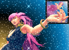 a pixel art of a woman with pink hair reaching out