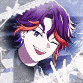 a boy with purple hair and red highlights is smiling and giving the peace sign