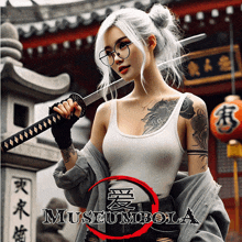 a woman holding a sword in front of a building with museum bola written on the bottom