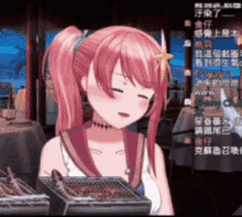 a pink haired anime girl is holding a grill