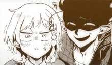 a black and white drawing of a boy and a girl with a shadow on their faces .