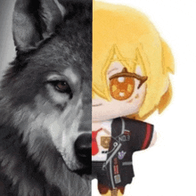 a black and white photo of a wolf next to a stuffed animal that says eon