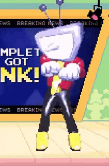 a cartoon character is standing in front of a screen that says ' mplet got nk ! '