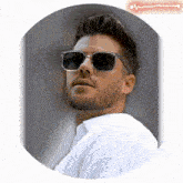 a man wearing sunglasses and a white shirt is in a circle with a sticker that says " ecgstar "