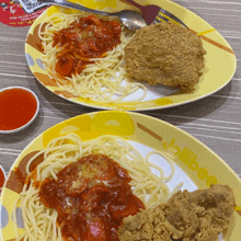 a jollibee plate with spaghetti and fried chicken on it