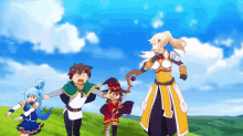 a group of anime characters standing in a field