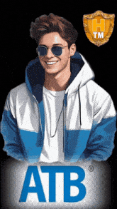 a man wearing sunglasses and a blue and white jacket with atb written on it