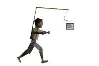 a cartoon drawing of a man holding a fishing rod with a box attached to it