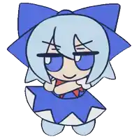 a cartoon drawing of a girl with blue hair and blue eyes .
