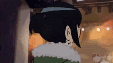 a cartoon character with black hair and a white fur collar is standing in front of a fire .