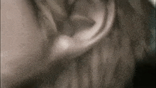 a close up of a person 's ear with long hair