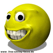 a yellow smiley face with a big smile is displayed on a website called www.free-smiley-faces.de