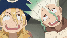 two cartoon characters are making funny faces and one has the letter e on his sleeve