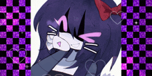 a purple and black checkered background with a drawing of a girl