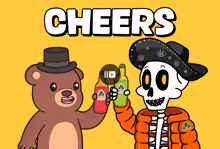 a cartoon of a bear and a skeleton toasting with a bottle of jarritos