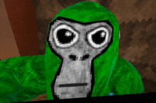 a pixelated gorilla with a green hood and large eyes