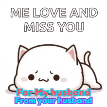 a cartoon cat is laying down with the words `` me love and miss you for my husband from your husband ''