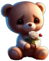 a teddy bear is crying while holding a rose and a heart