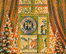a painting of a shield with the letters pm on it
