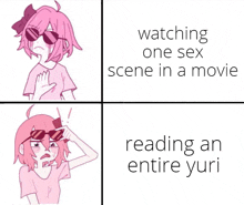 a cartoon of a girl watching one sex scene in a movie reading an entire yuri