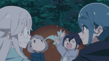 a group of anime characters standing around a tent