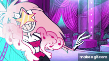 a cartoon character with a star on his head is standing in front of a stage .