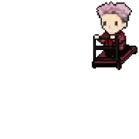 a pixel art of a girl with pink hair sitting on a chair