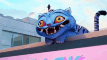 a cartoon cat with a hat on its head is sitting on a ledge