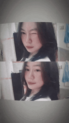a woman is taking a picture of herself with a wink on her face