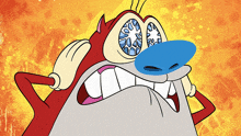 a close up of a cartoon character with a blue nose and eyes